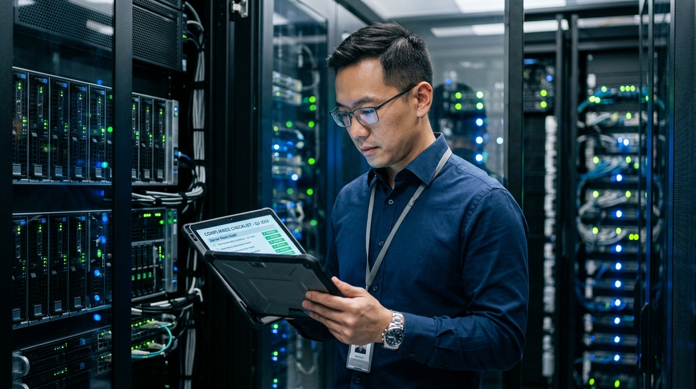Ein IT-Verantwortlicher im Serverraum überprüft die Einhaltung von Compliance-Sicherheitsstandards auf einem Tablet-Bildschirm für ein anstehendes Audit der Cyberversicherung.