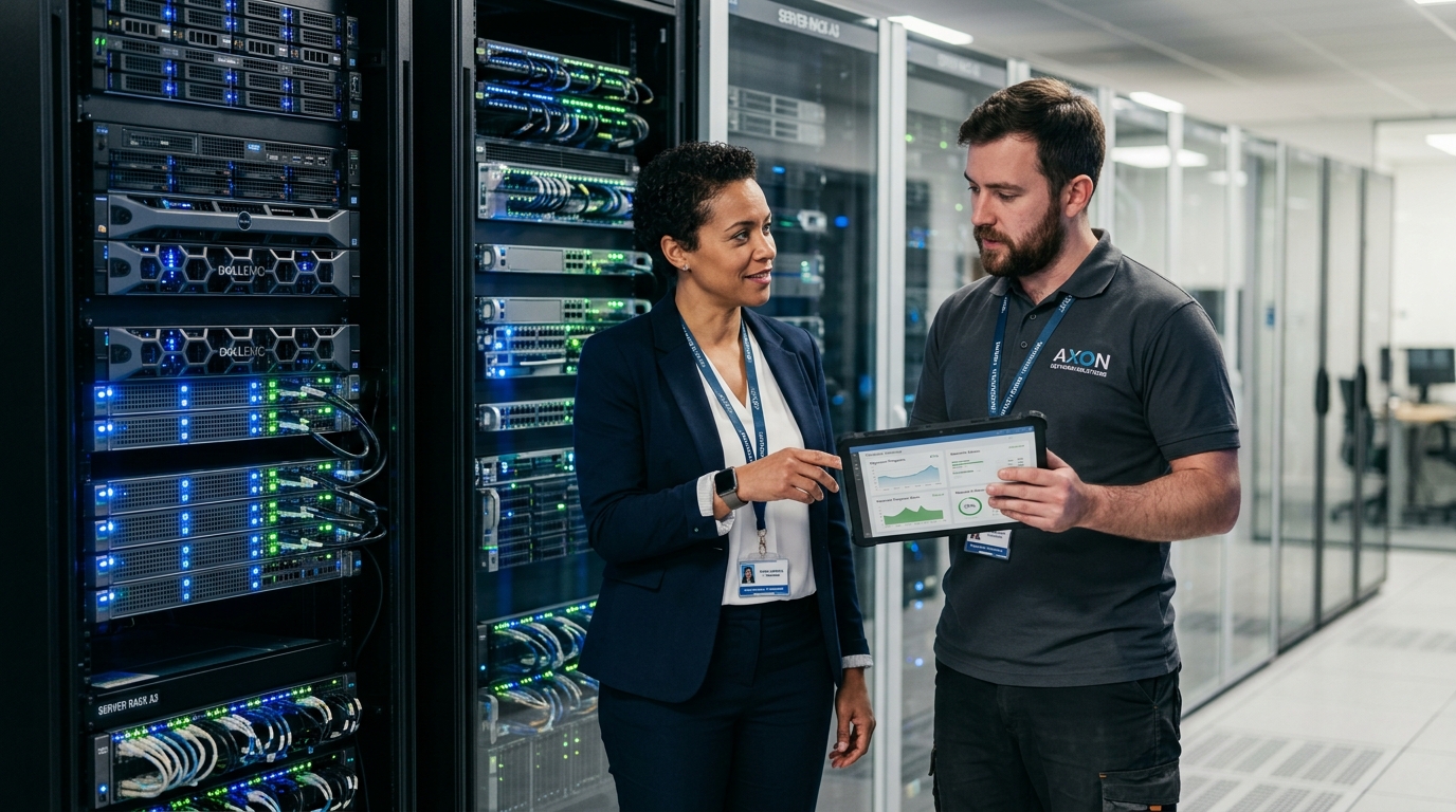 Ein IT-Verantwortlicher im Gespräch mit einem Techniker vor Serverschränken, die einen sicheren und strukturierten Übergang von IT-Systemen symbolisieren.