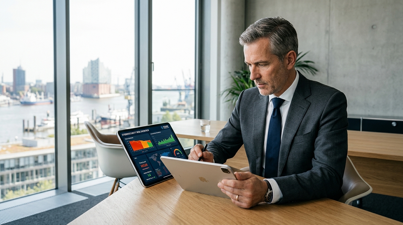Ein Geschäftsführer im Büro blickt konzentriert auf ein Tablet mit Sicherheits-Dashboards, im Hintergrund die Hamburger Hafen-Silhouette als Symbol für sicheren, modernen Mittelstand.