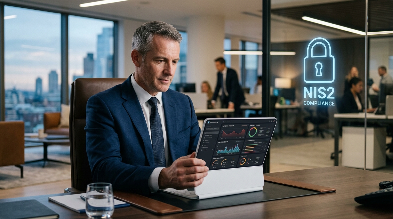 Ein Geschäftsführer im modernen Büro blickt konzentriert auf ein Tablet mit IT-Sicherheits-Dashboards, während im Hintergrund ein dezentes Schloss-Symbol die NIS2-Compliance signalisiert.