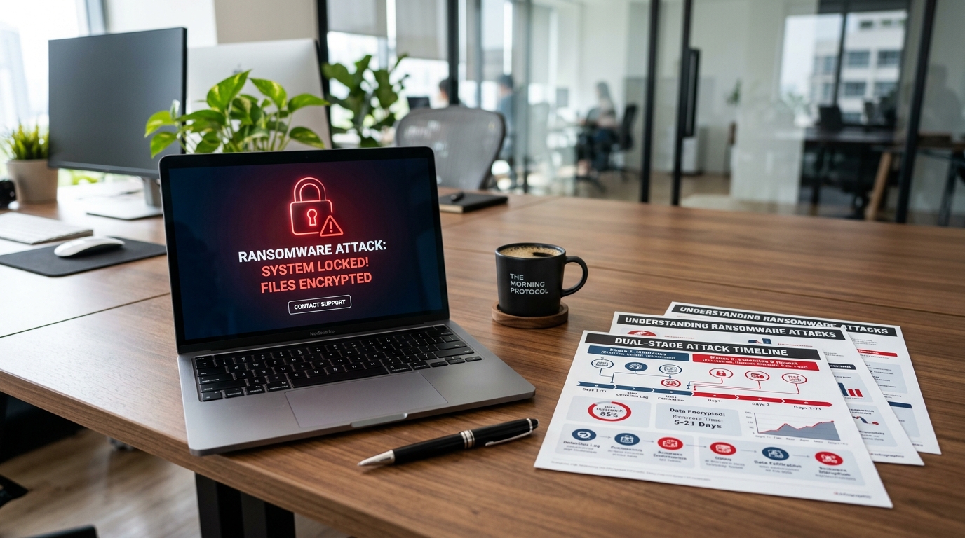 Infografik zum Ablauf einer doppelten Erpressung bei einem Ransomware-Angriff im Mittelstand.