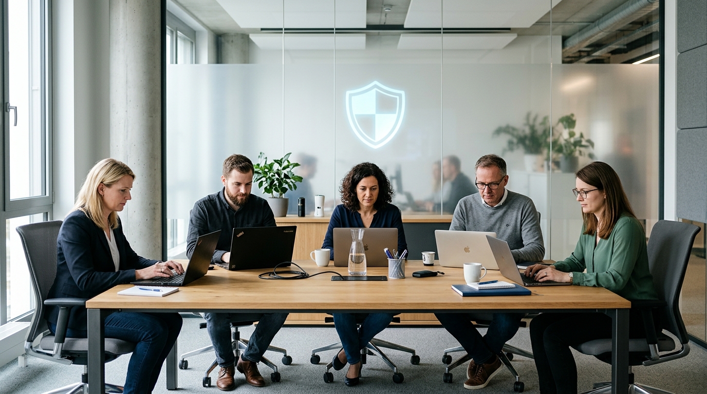 Ein Team von Büroangestellten im deutschen Mittelstand arbeitet konzentriert an Laptops, im Hintergrund symbolisiert ein sicheres digitales Schild den Schutz vor Cyberangriffen.