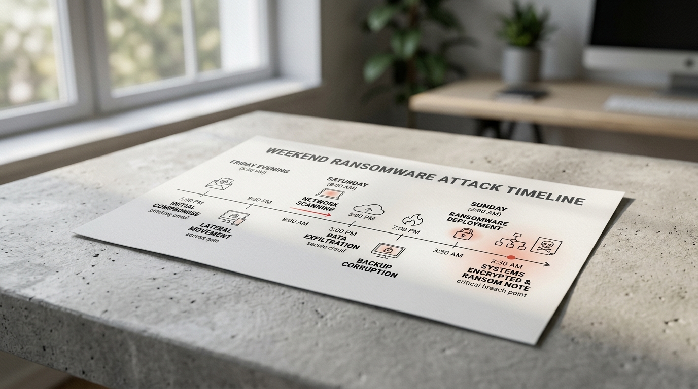Diagramm des zeitlichen Ablaufs eines Ransomware-Angriffs am Wochenende
