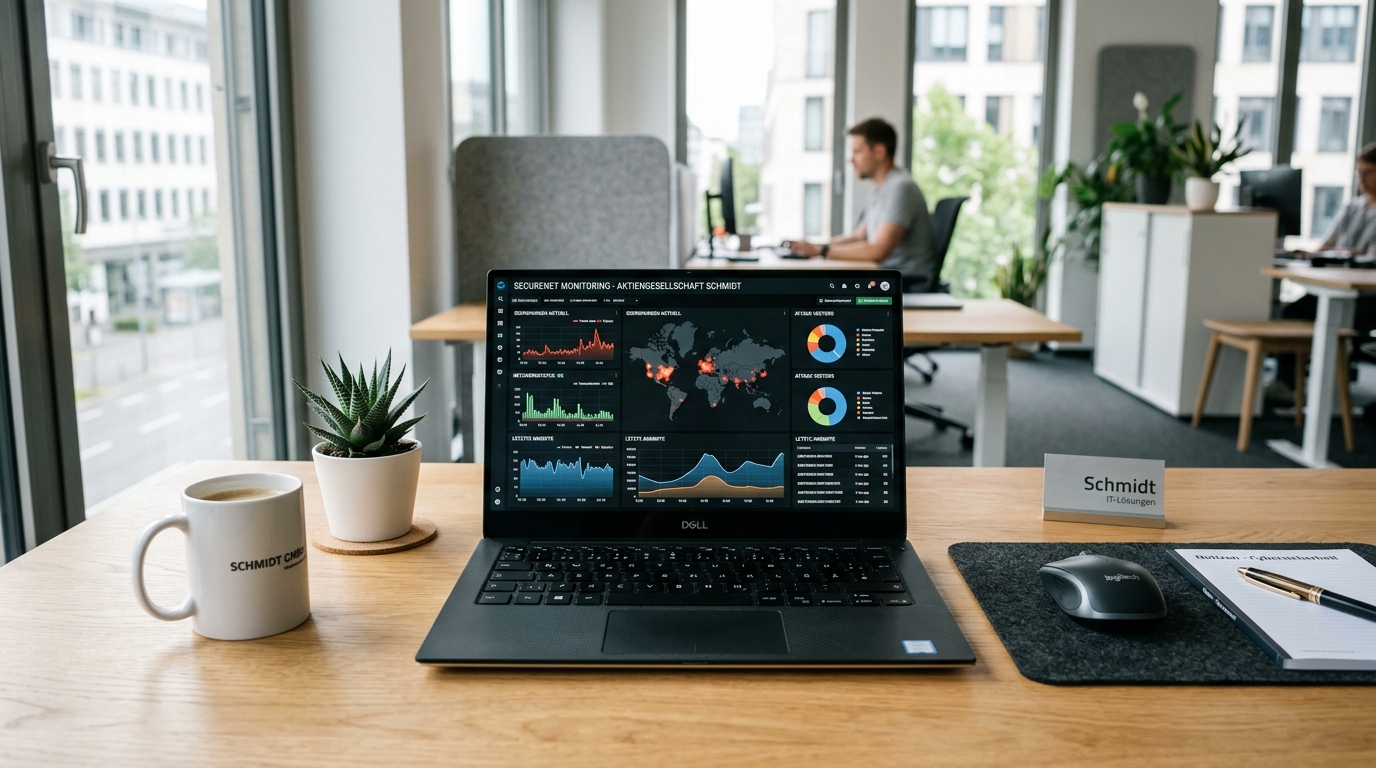 Ein moderner, aufgeräumter Arbeitsplatz in einem deutschen mittelständischen Unternehmen, auf dessen Laptop-Bildschirm ein detailliertes Cybersecurity-Dashboard mit Echtzeit-Bedrohungsdaten zu sehen ist.