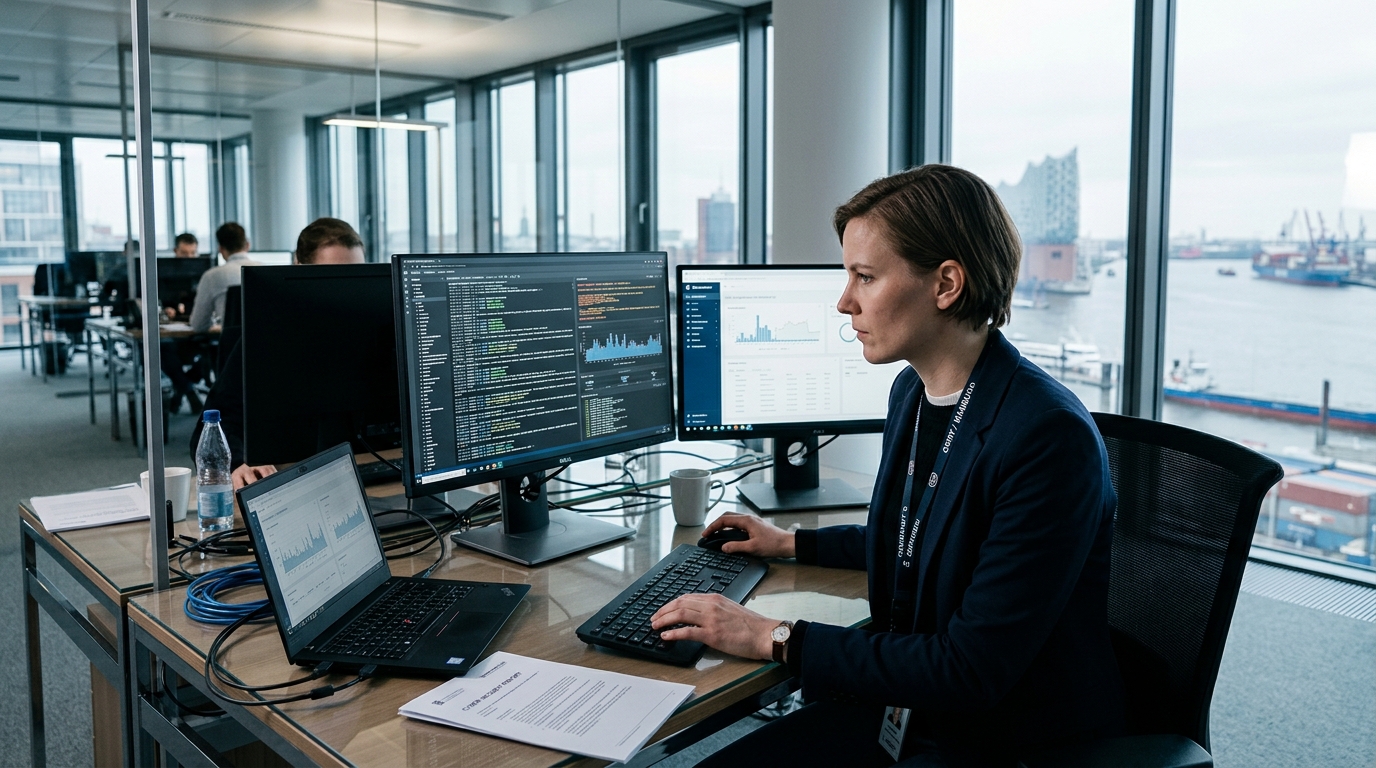 An IT forensics specialist reviews data logs on a screen in a modern Hamburg office after a cyberattack to verify security standards for the cyber insurance.