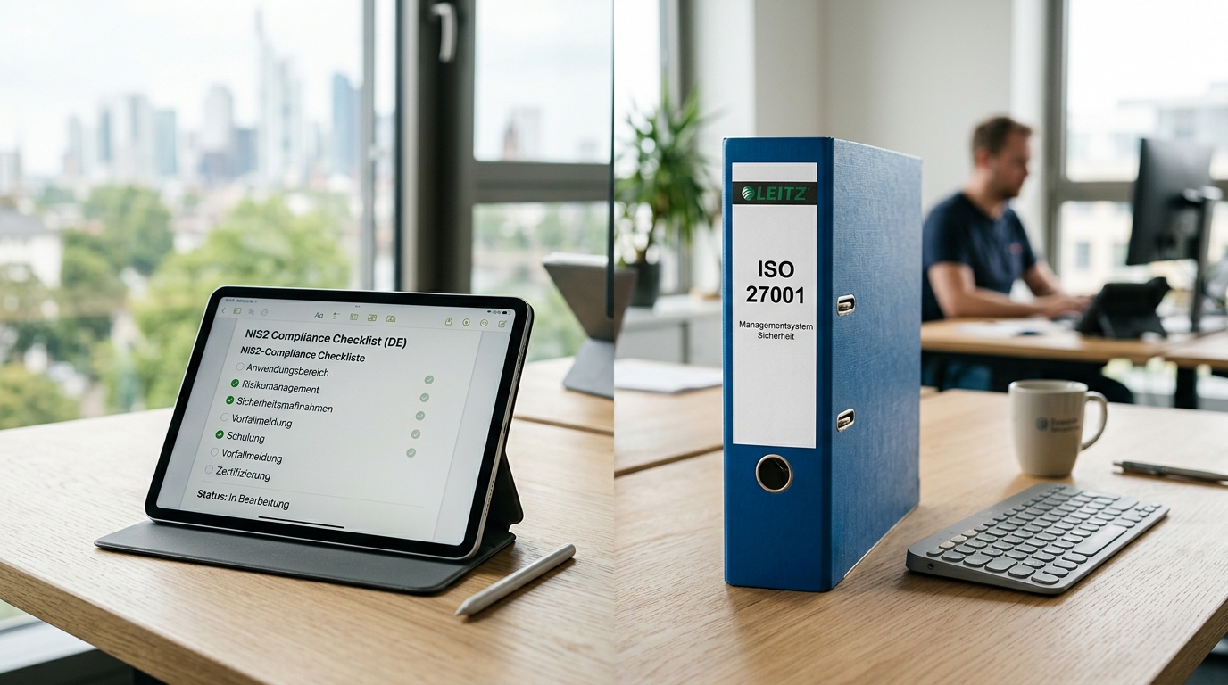 A split comparison graphic showing NIS2 compliance checkboxes alongside an ISO 27001 folder, representing the strategic decision-making process for German Mittelstand IT leaders.