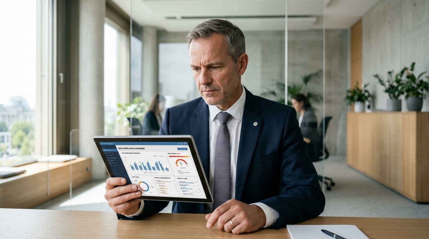 A professional German managing director reviewing security compliance dashboards on a modern tablet in an office, symbolizing executive oversight and personal NIS2 liability management.