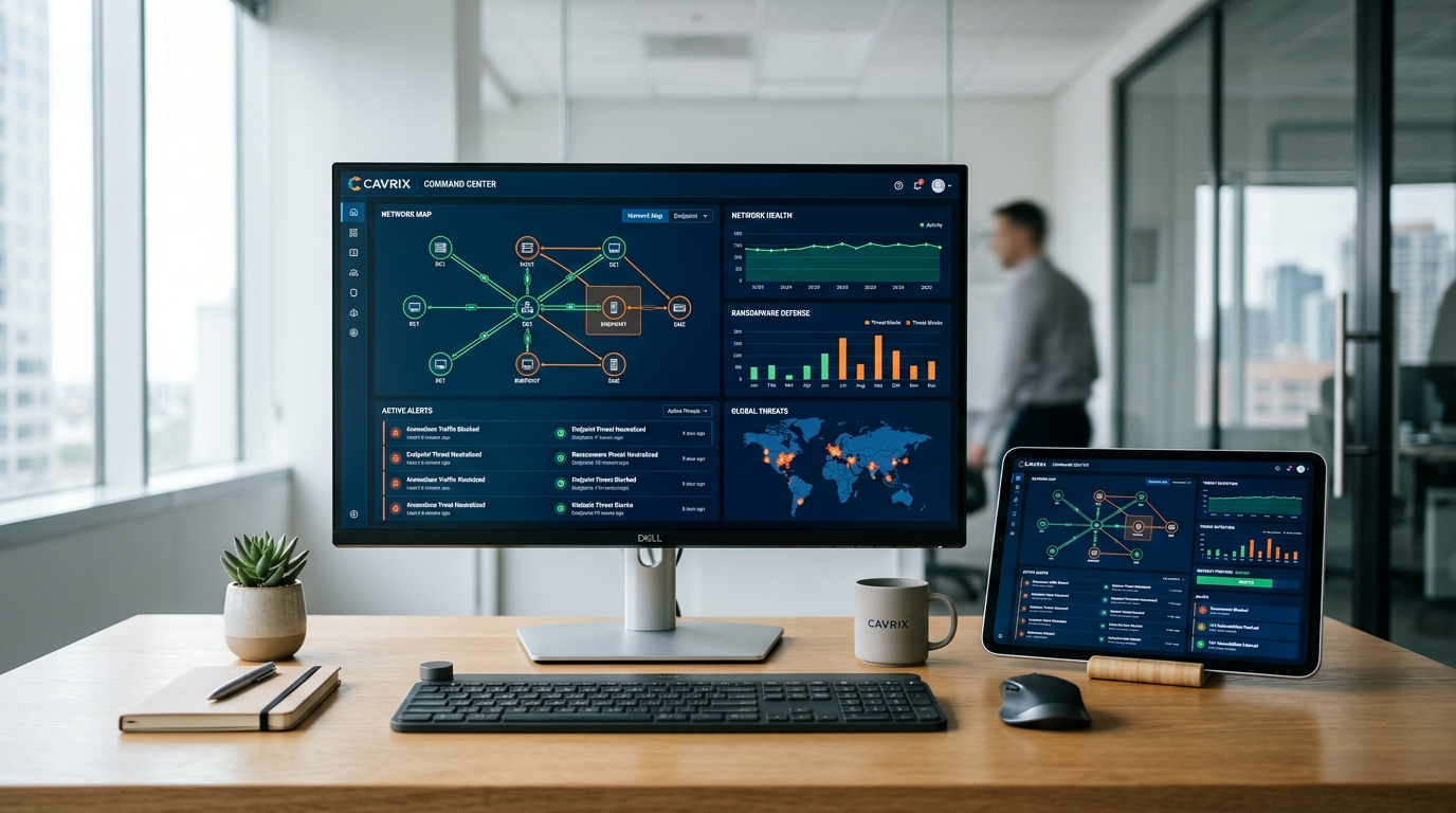Diagram of the CAVRIX Command Center interface on desktop and smartphone.