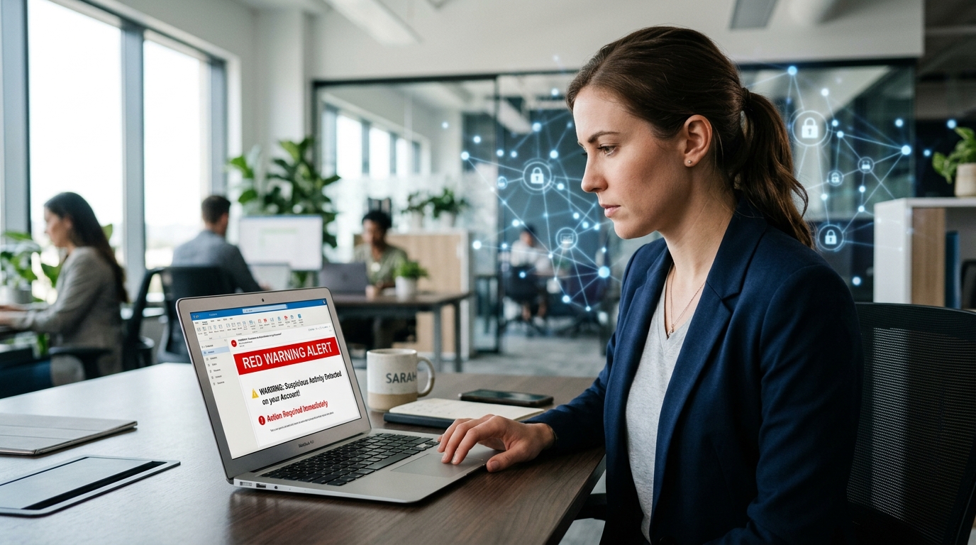 An employee in the office looks attentively at a laptop screen showing an email with a warning message; in the background, a subtle network pattern symbolizes IT security.
