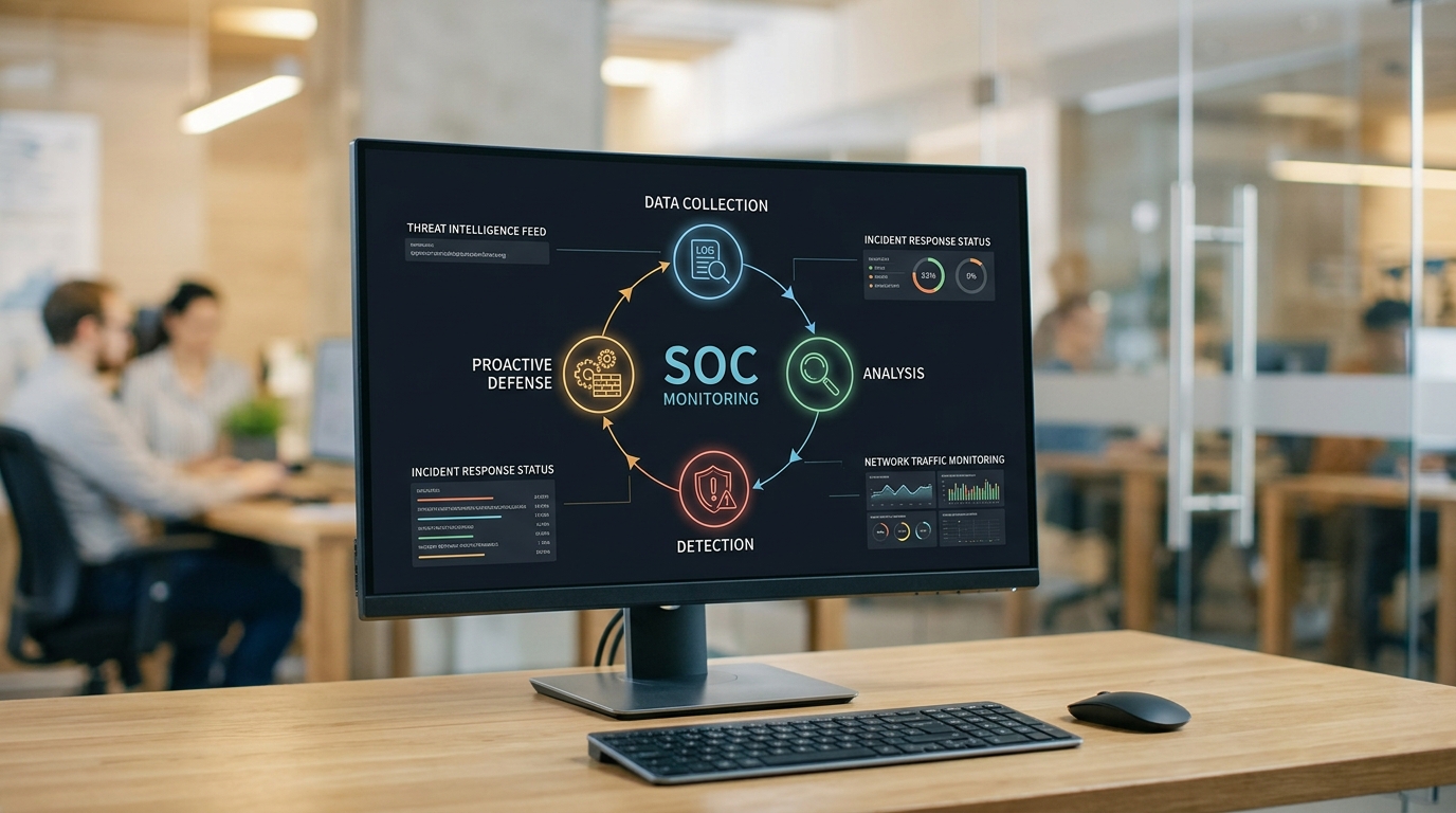 Infographic of the continuous SOC monitoring cycle from data collection to proactive defense