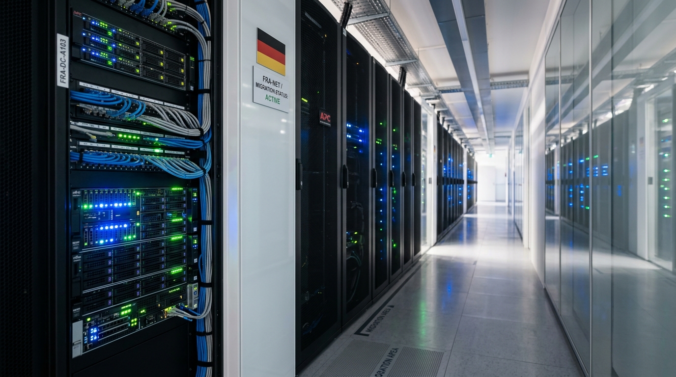 A clean, modern server room with illuminated network status indicators, symbolizing a seamless and safe IT provider migration for German businesses.
