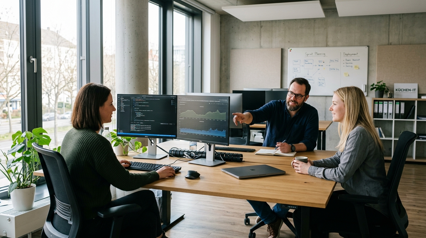 A modern, bright office environment in Germany where an SME team works productively with reliable IT systems, representing cost-effective and proactive managed IT services.