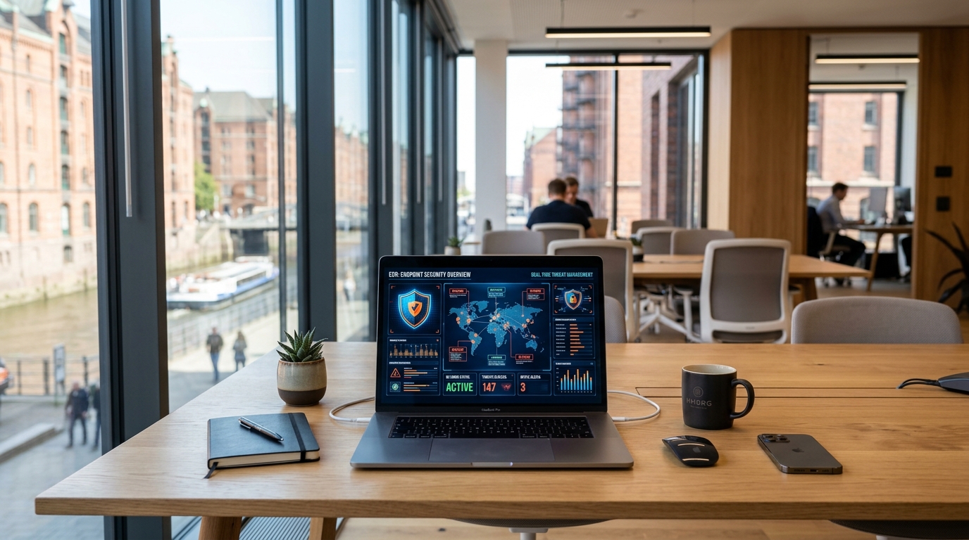 A modern workplace in a Hamburg office with a schematic EDR security graphic on the laptop screen, blocking threats in real time.
